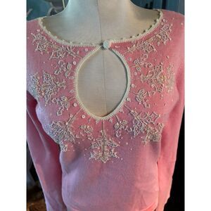 Smitten by Michael Simon Pink Beaded Snowflake Keyhole Sweater Size S Coquette